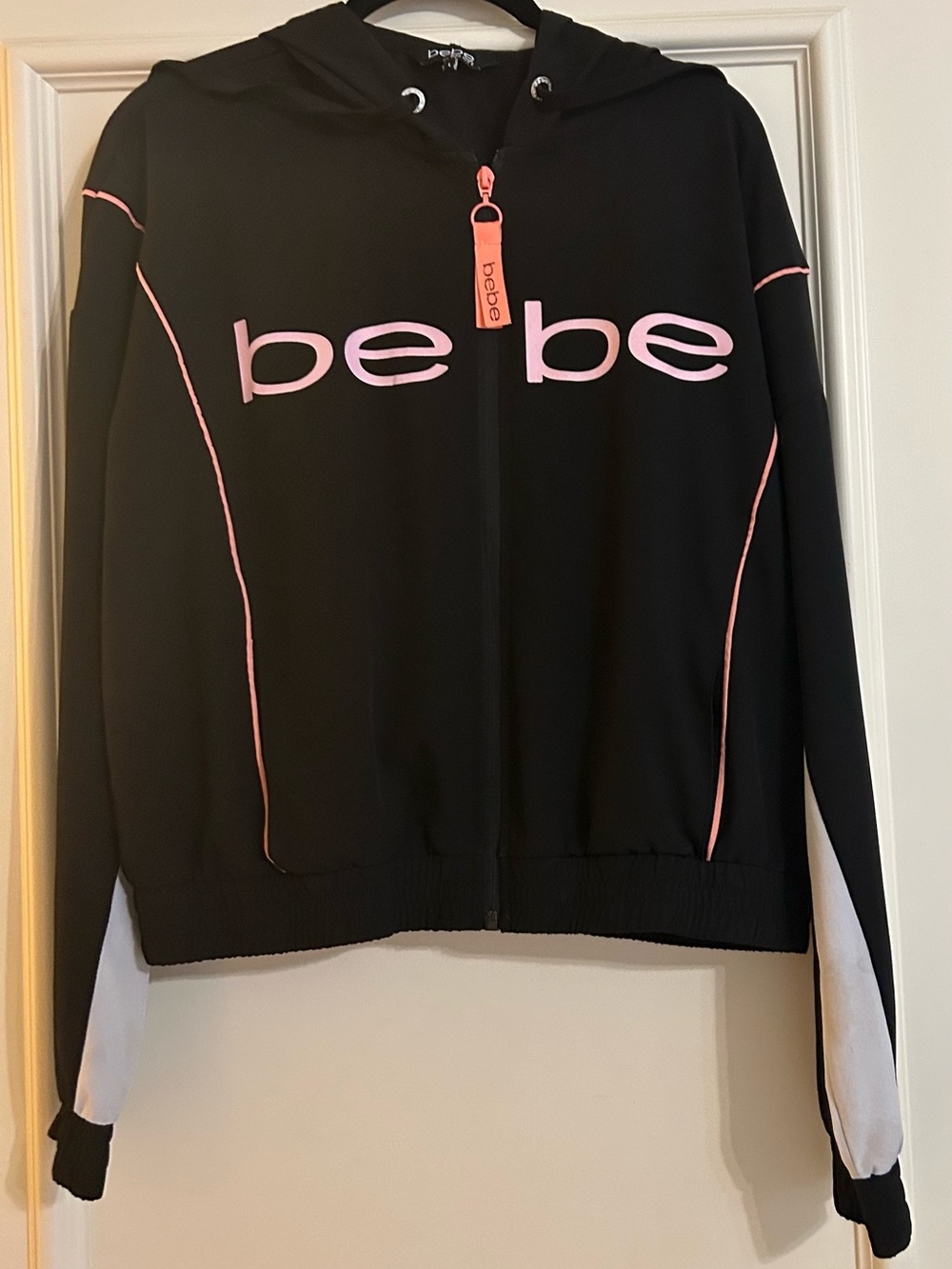 Bebe Sport Black Pink Full Zip Hoodie Jacket Women’s Large Y2K Athleisure